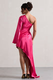 Hanna Hot Pink One Shoulder Asymmetric Draped Satin Mini Dress