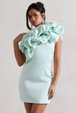 At The Opera Mint Satin One Shoulder Ruffled Mini Dress