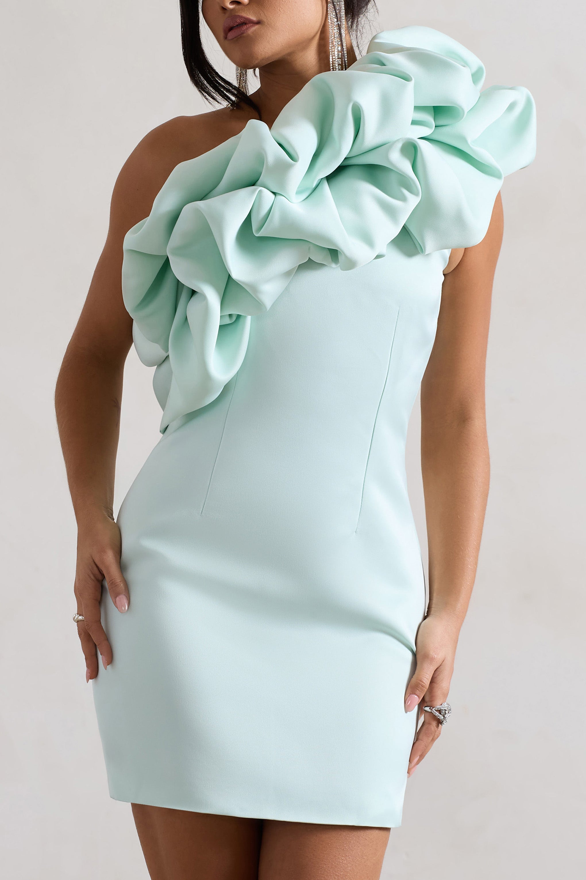 At The Opera Mint Satin One Shoulder Ruffled Mini Dress