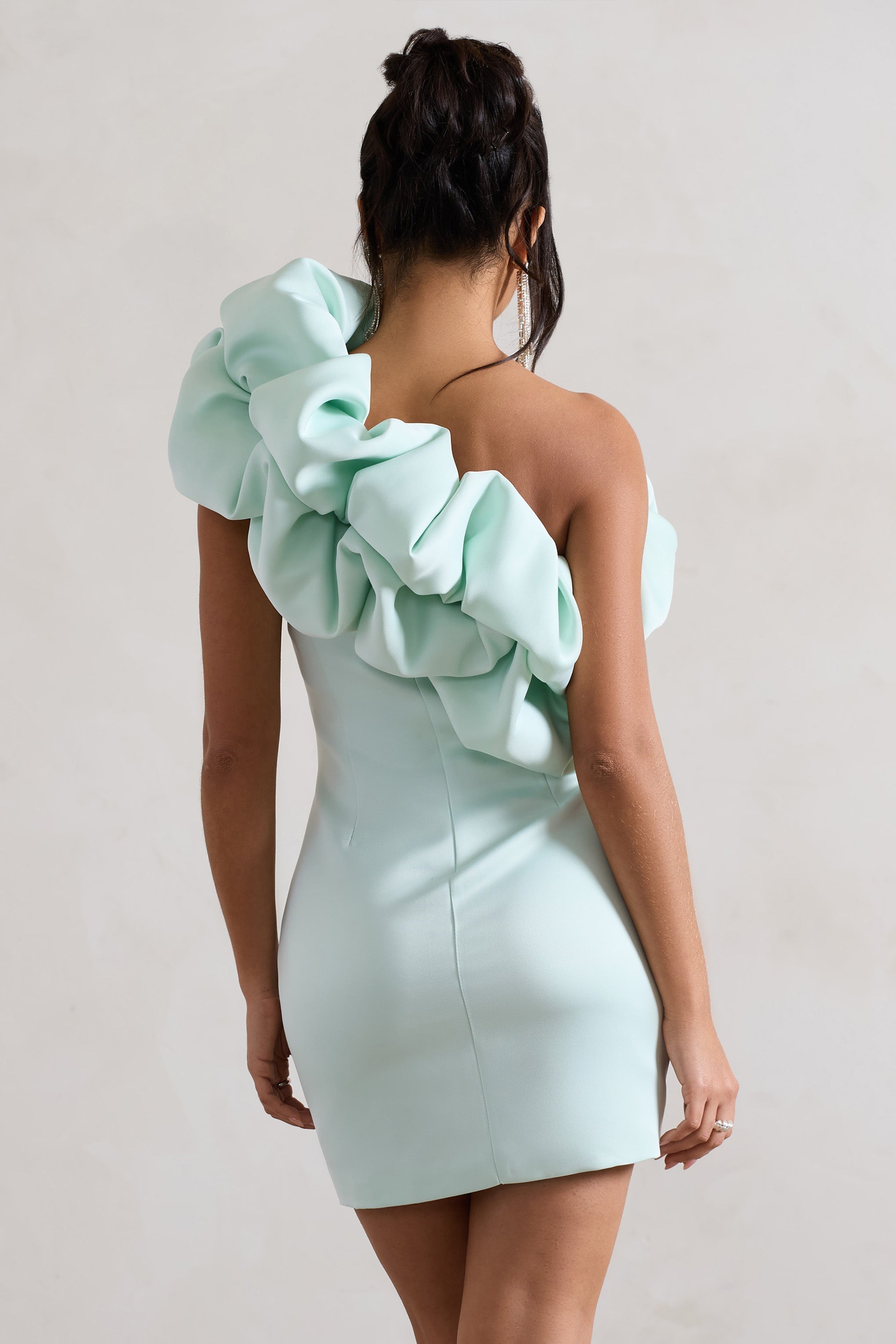 At The Opera Mint Satin One Shoulder Ruffled Mini Dress