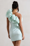 At The Opera Mint Satin One Shoulder Ruffled Mini Dress