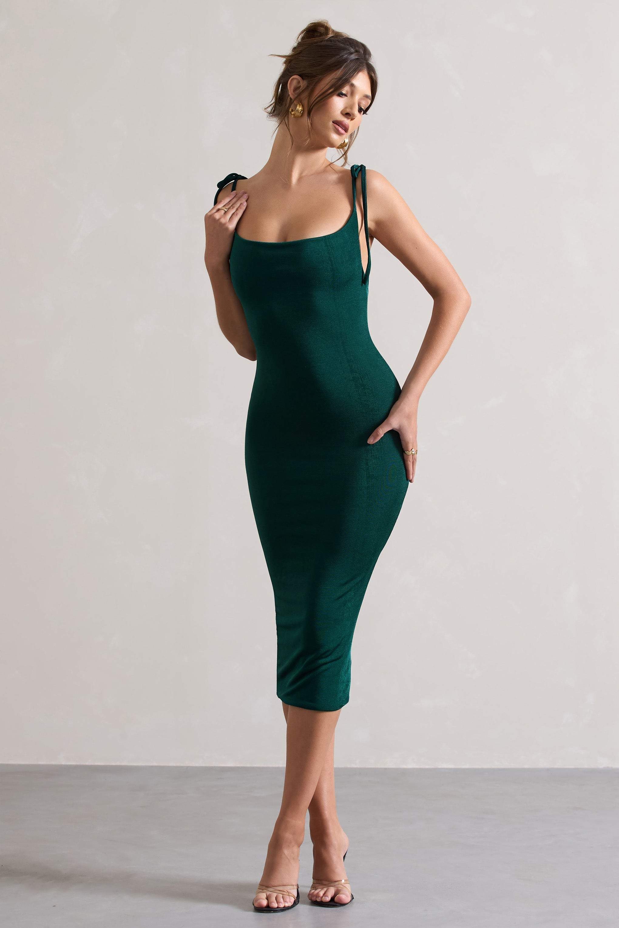 Irina Bottle Green Cowl-Neck Bodycon Midi Dress