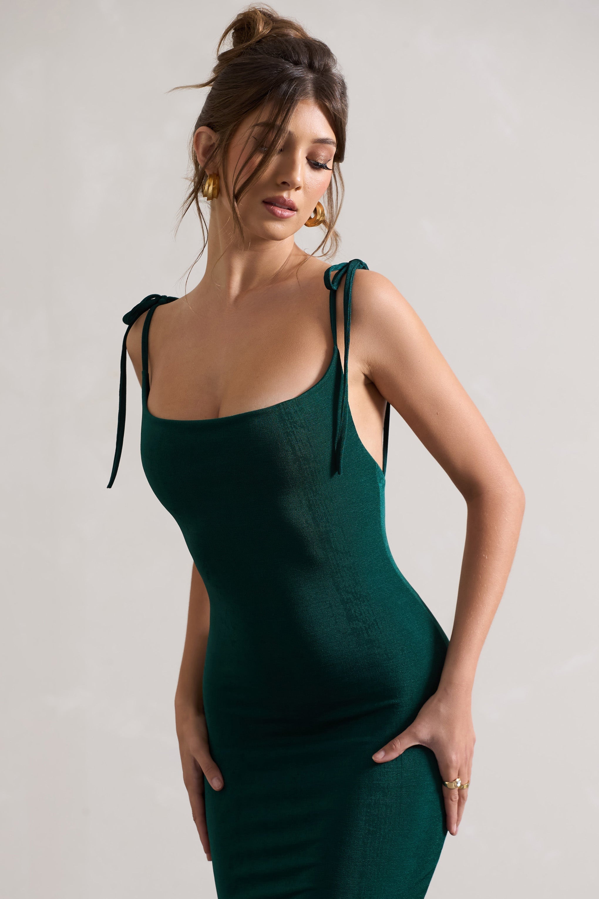 Irina Bottle Green Cowl-Neck Bodycon Midi Dress