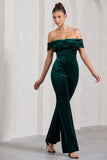 Recognition Bottle Green Velvet Twisted Bardot Wide-Leg Jumpsuit