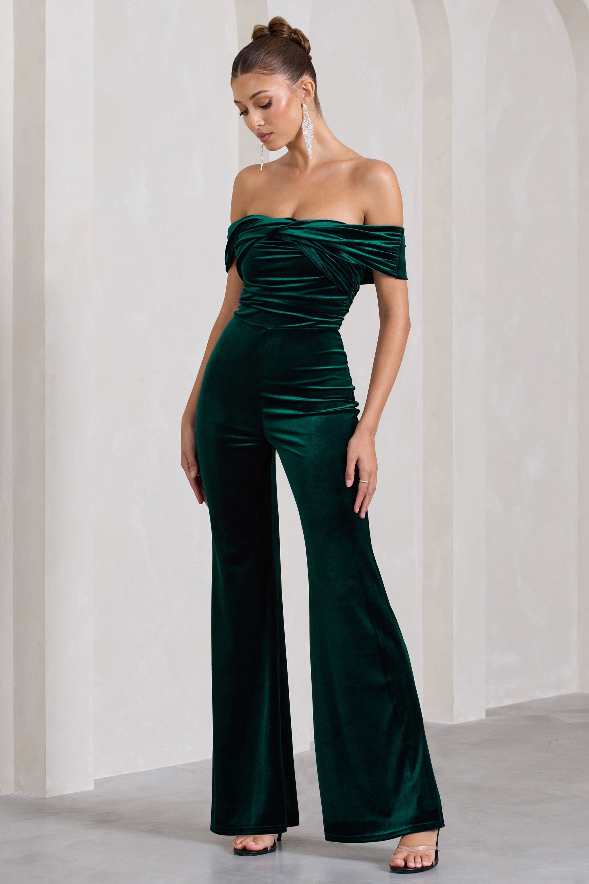 Recognition Bottle Green Velvet Twisted Bardot Wide-Leg Jumpsuit