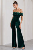Recognition Bottle Green Velvet Twisted Bardot Wide-Leg Jumpsuit