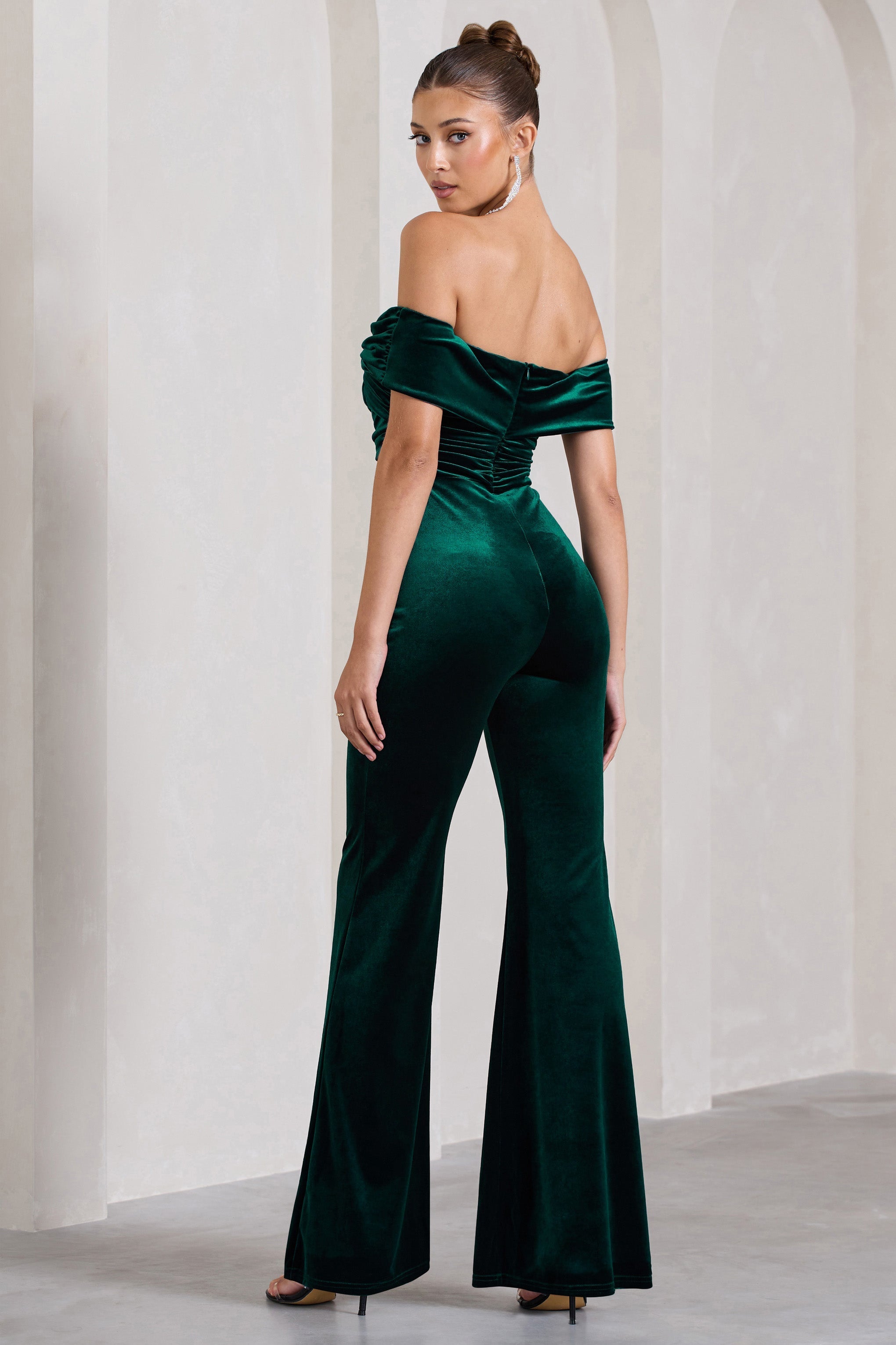 Recognition Bottle Green Velvet Twisted Bardot Wide-Leg Jumpsuit