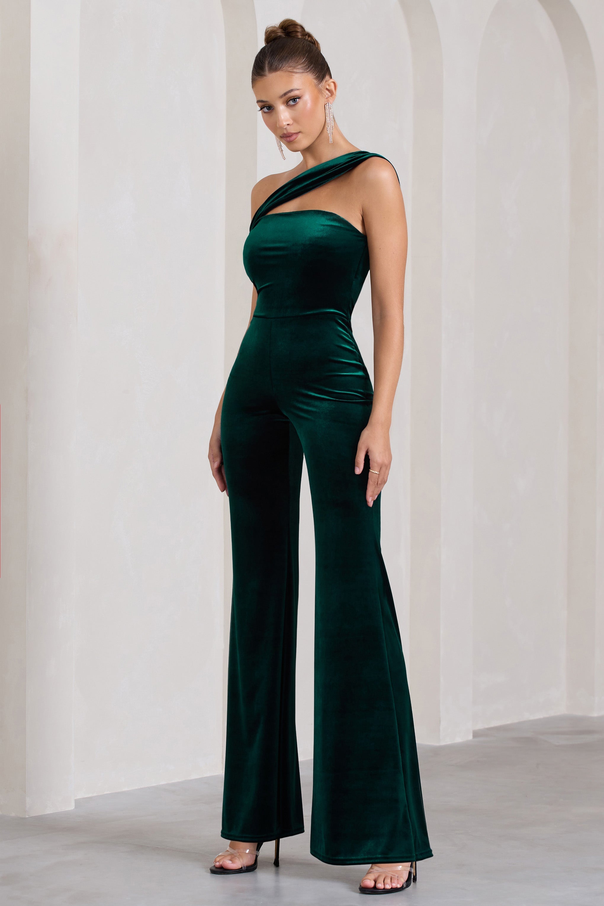 Georgia Bottle Green Velvet Asymmetric Wide-Leg Jumpsuit