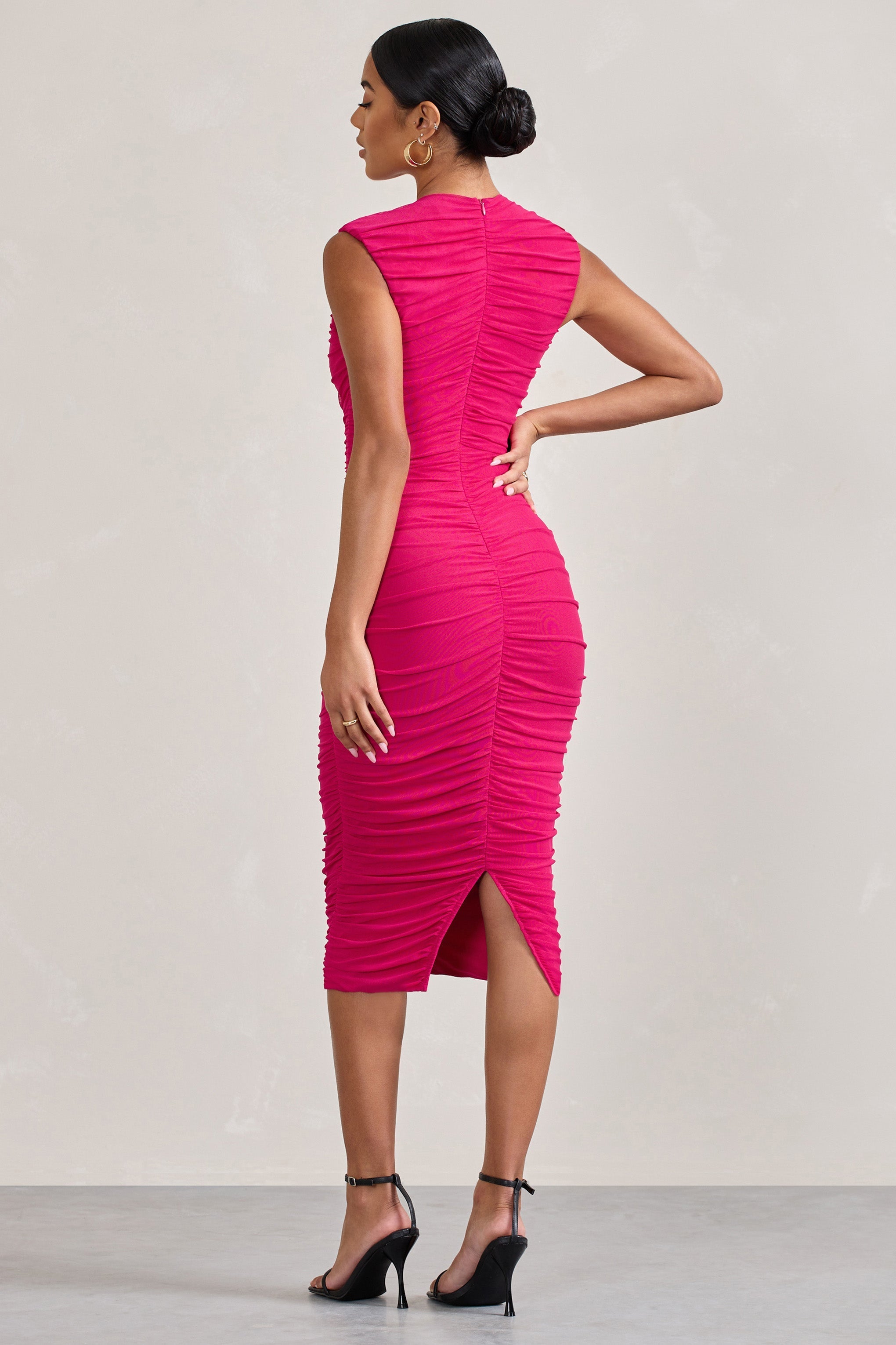 Alight Fuchsia Pink Ruched Mesh Sleeveless Bodycon Midi Dress