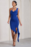 Radiate Cobalt Blue Asymmetric Ruched Ruffled Mini Dress