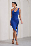 Radiate Cobalt Blue Asymmetric Ruched Ruffled Mini Dress