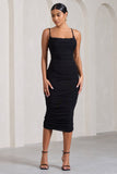 Bree Black Ruched Mesh Strappy Bodycon Midi Dress