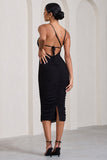 Bree Black Ruched Mesh Strappy Bodycon Midi Dress