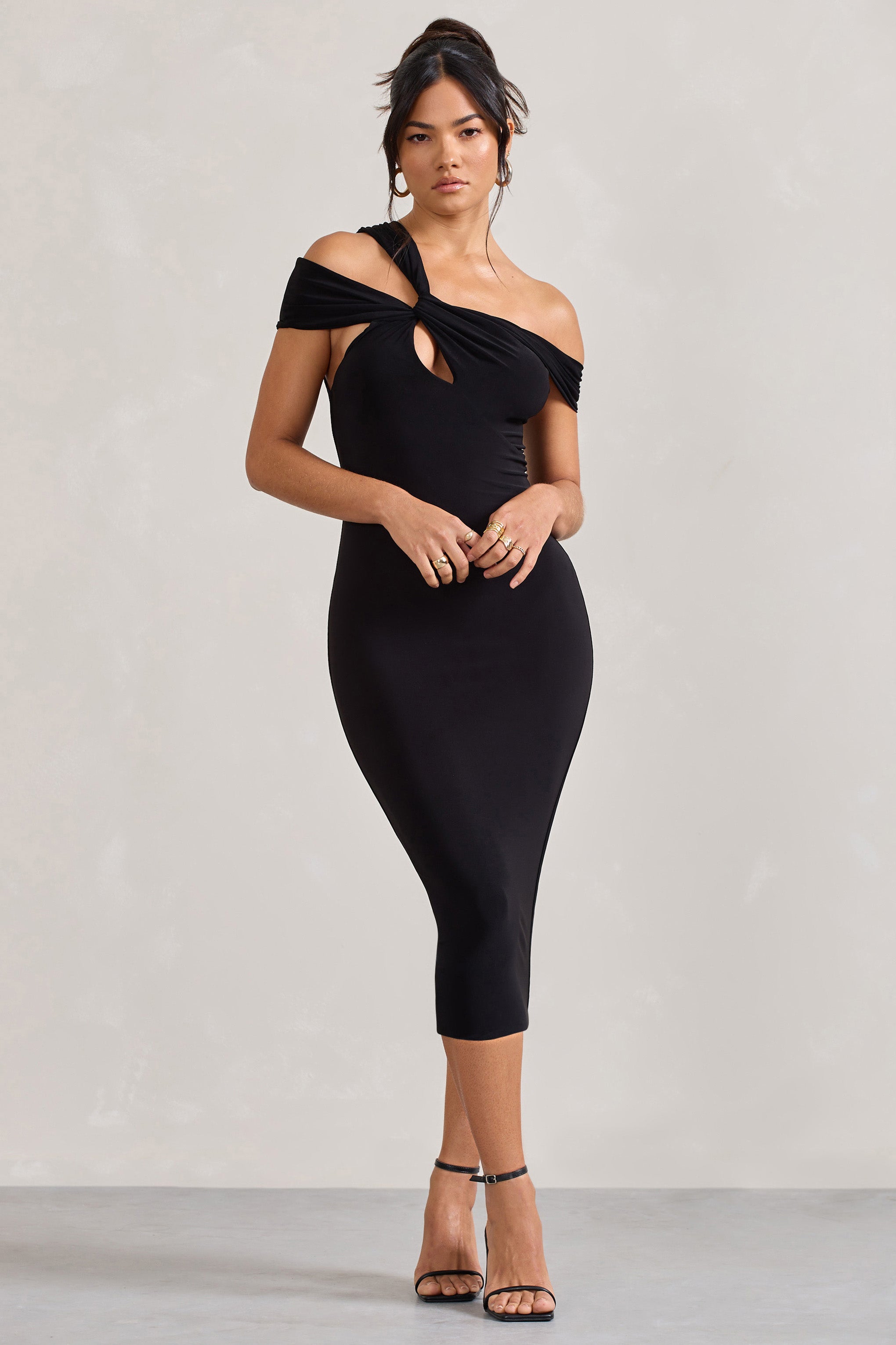 Chain Reaction Black Strappy Asymmetric Bodycon Midi Dress