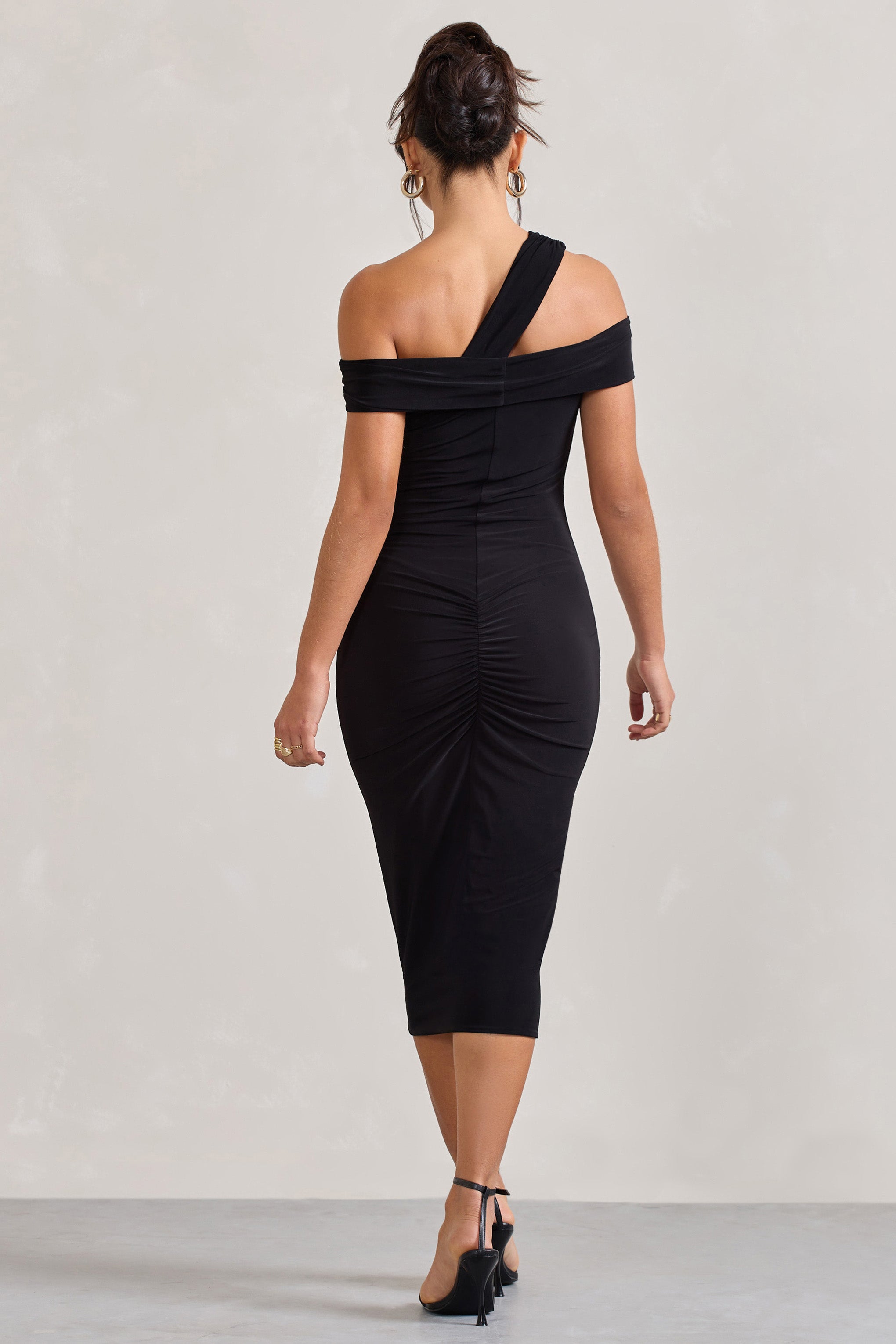 Chain Reaction Black Strappy Asymmetric Bodycon Midi Dress