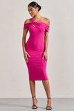 Chain Reaction Fuchsia Pink Strappy Asymmetric Bodycon Midi Dress