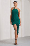 Power Sweep Bottle Green Gathered Halter-Neck Midi Dress
