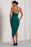 Power Sweep Bottle Green Gathered Halter-Neck Midi Dress