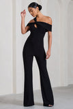 Striking Black Strappy Asymmetric Flared-Leg Jumpsuit