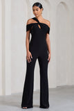 Striking Black Strappy Asymmetric Flared-Leg Jumpsuit