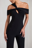 Striking Black Strappy Asymmetric Flared-Leg Jumpsuit