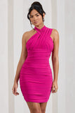 Shockwaves Fuchsia Pink Ruched Strappy Halter-Neck Mini Dress