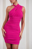 Shockwaves Fuchsia Pink Ruched Strappy Halter-Neck Mini Dress