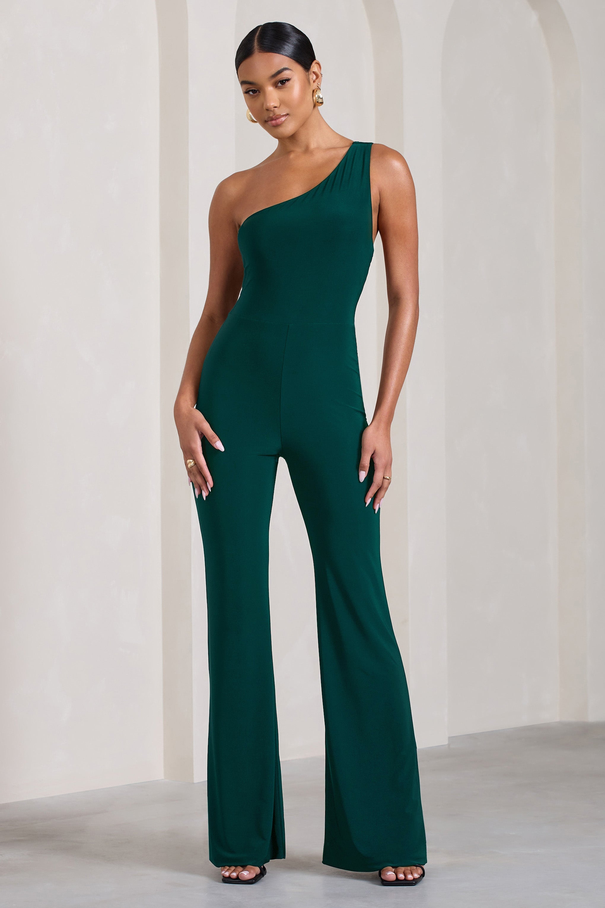 In The Dark Bottle Green Sleeveless Asymmetric Flared-Leg Jumpsuit