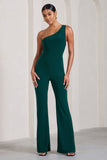In The Dark Bottle Green Sleeveless Asymmetric Flared-Leg Jumpsuit