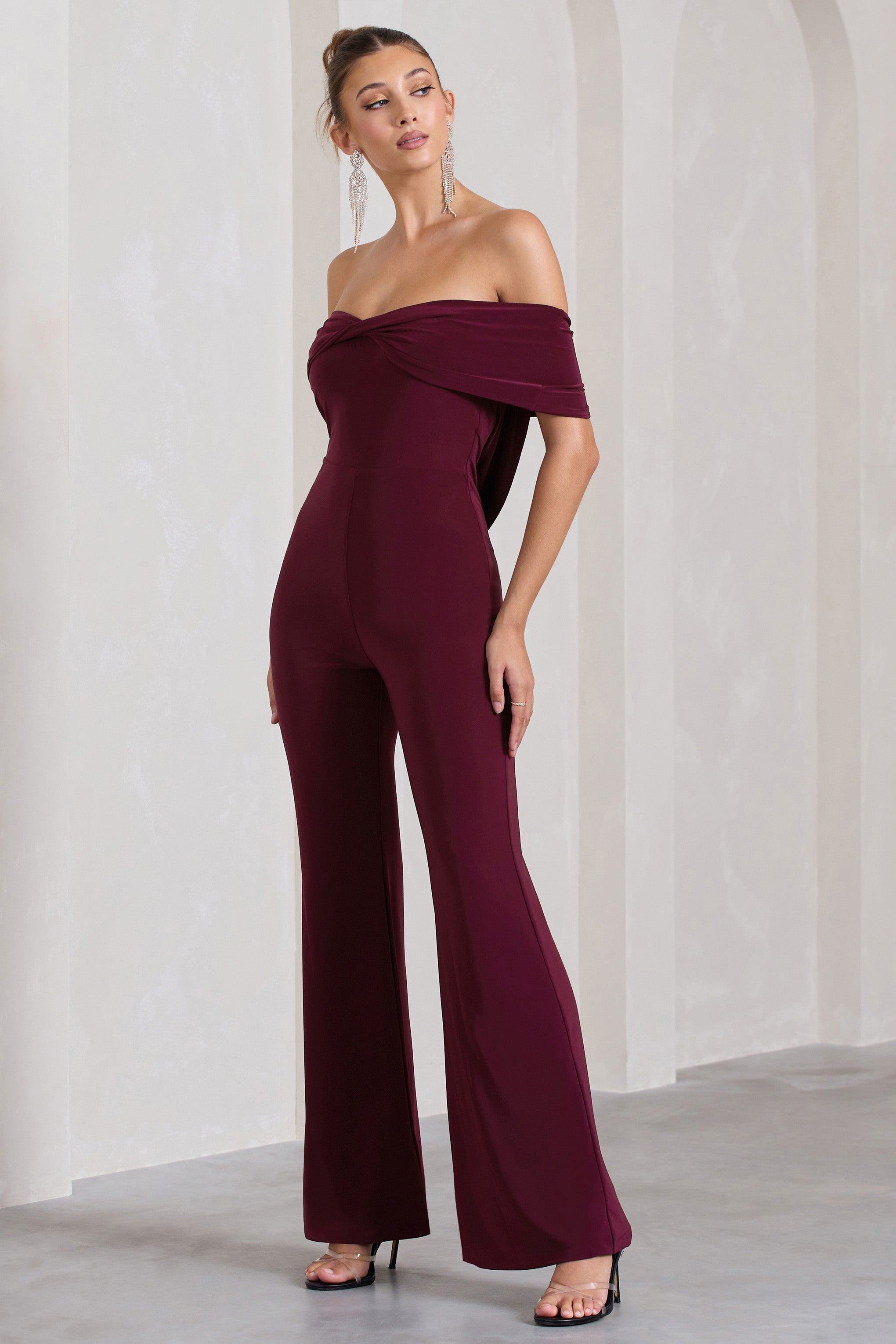 Gemma Burgundy Bardot Open-Back Flared-Leg Jumpsuit