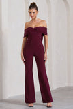 Gemma Burgundy Bardot Open-Back Flared-Leg Jumpsuit