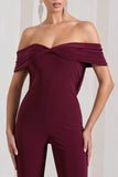 Gemma Burgundy Bardot Open-Back Flared-Leg Jumpsuit