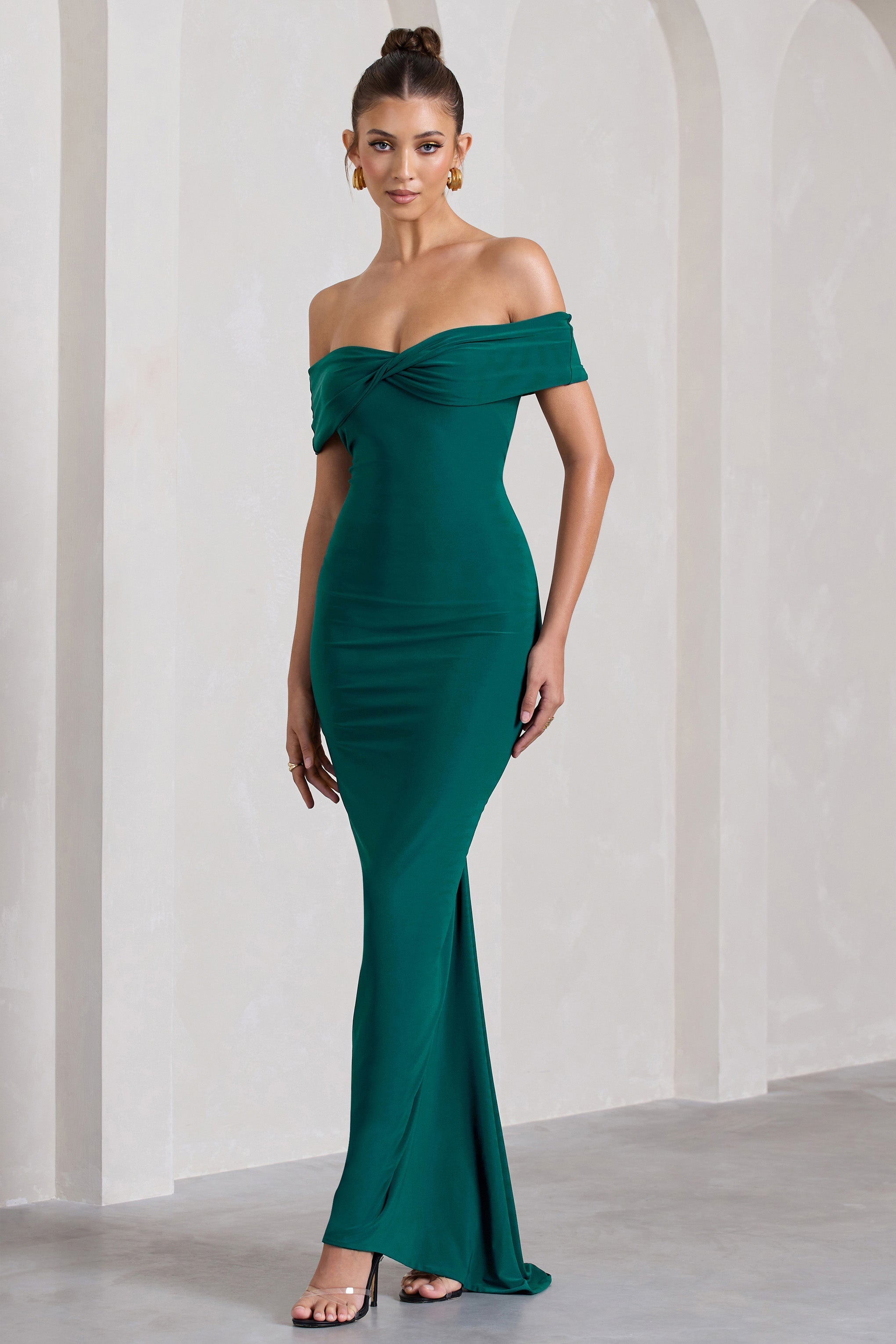Vivienne Bottle Green Bardot Open-Back Maxi Dress