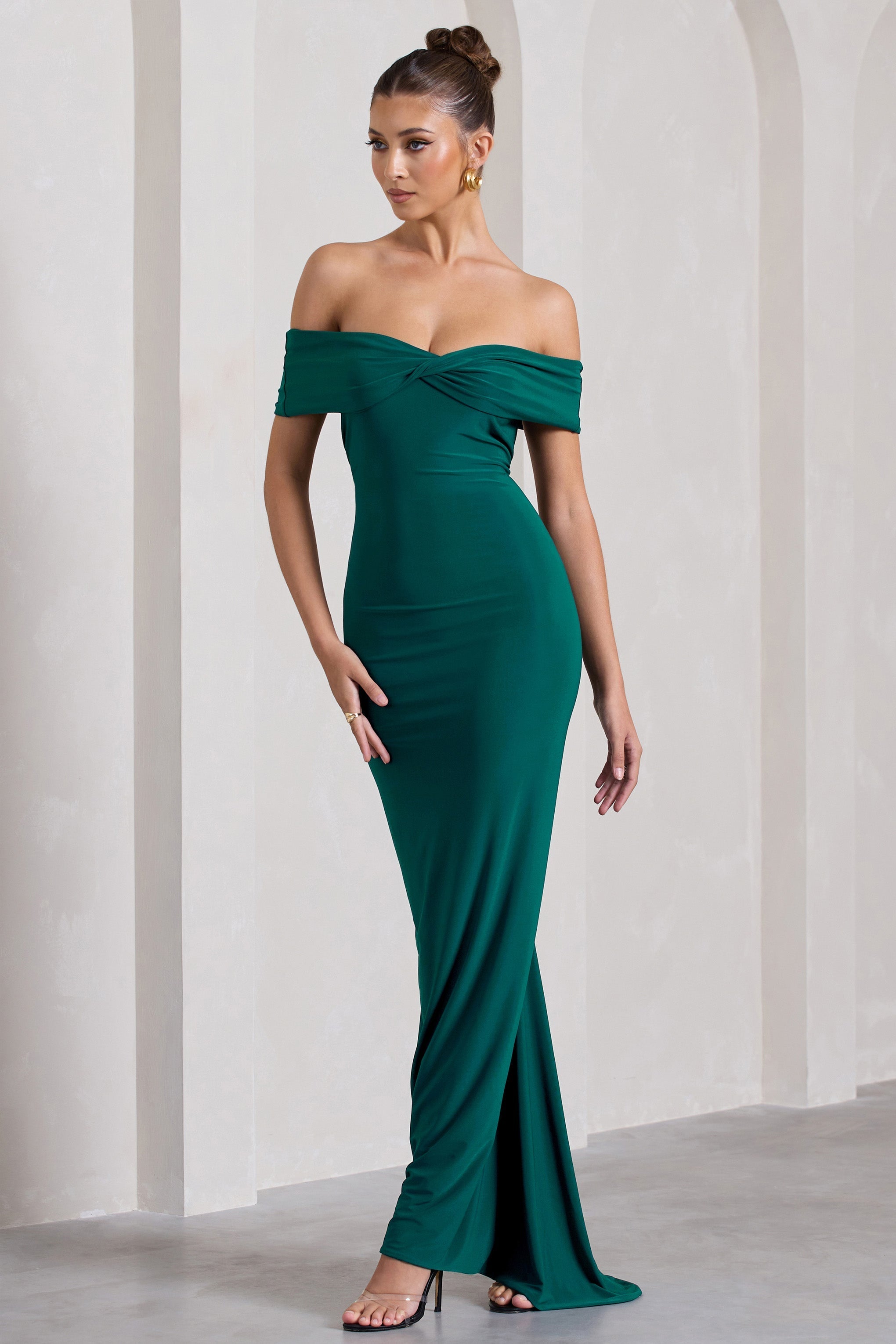 Vivienne Bottle Green Bardot Open-Back Maxi Dress