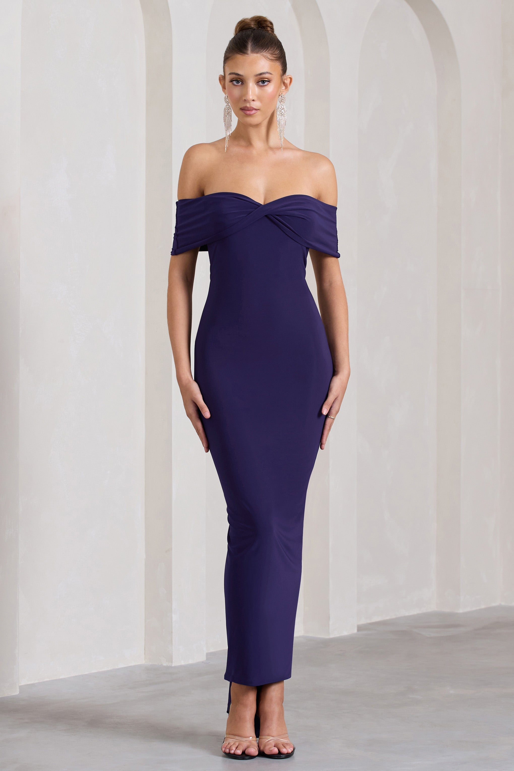Vivienne Purple Bardot Open-Back Maxi Dress