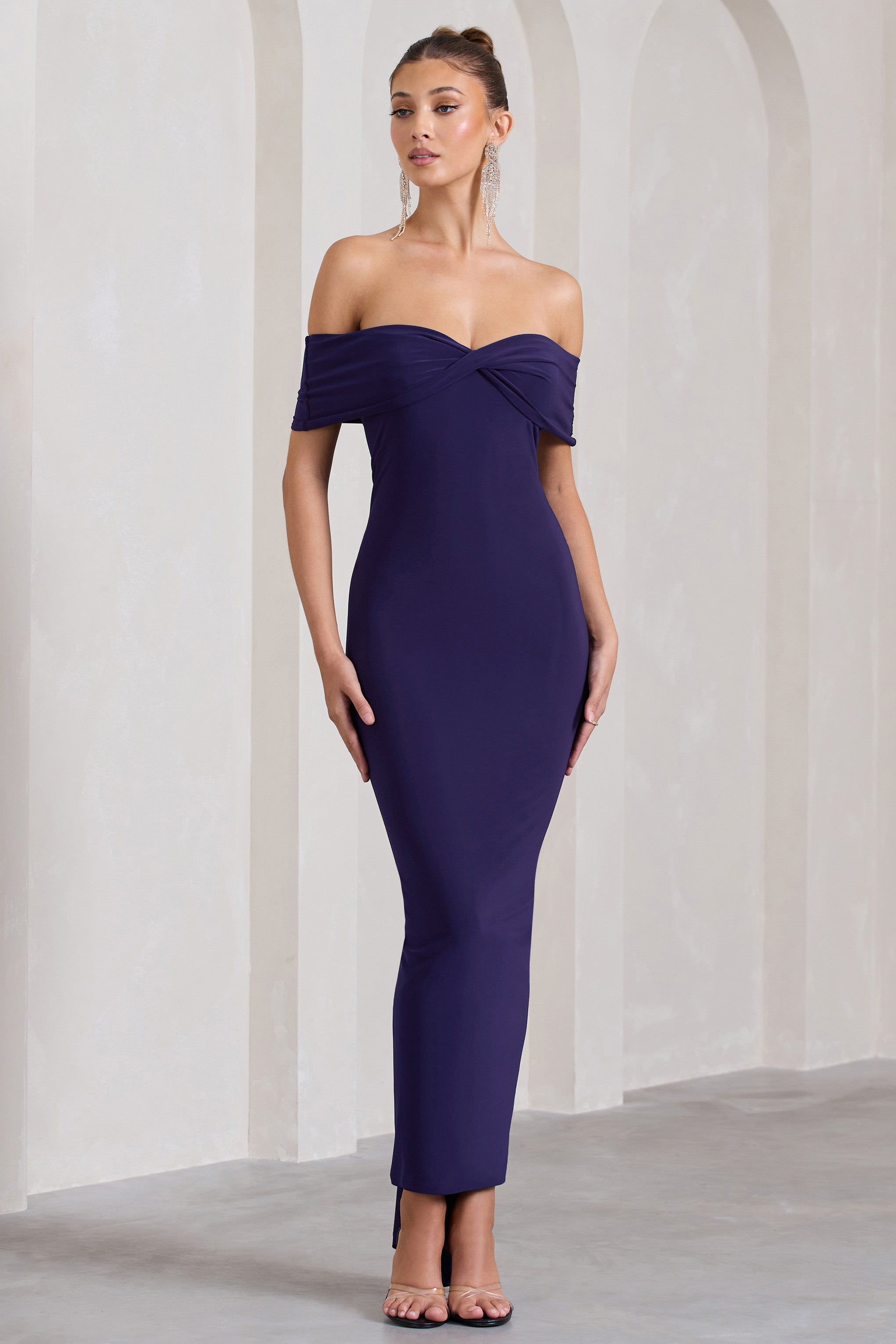 Vivienne Purple Bardot Open-Back Maxi Dress