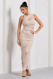 Born With It Champagne Sleeveless High-Neck Draped Maxi Dress With Mesh Inserts