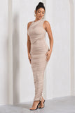 Born With It Champagne Sleeveless High-Neck Draped Maxi Dress With Mesh Inserts