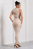Born With It Champagne Sleeveless High-Neck Draped Maxi Dress With Mesh Inserts