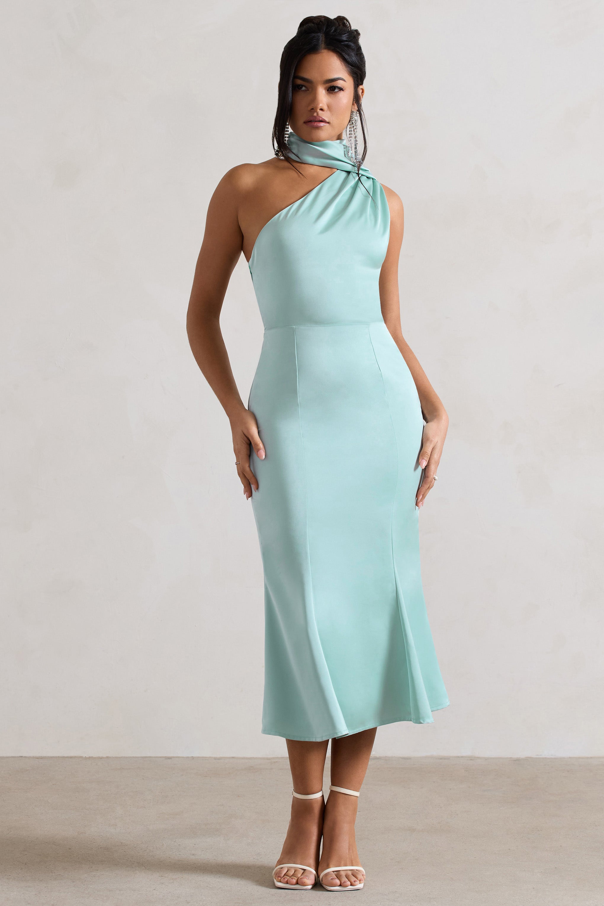 Golden Girl Mint Satin One Shoulder High-Neck Flared Midi Dress