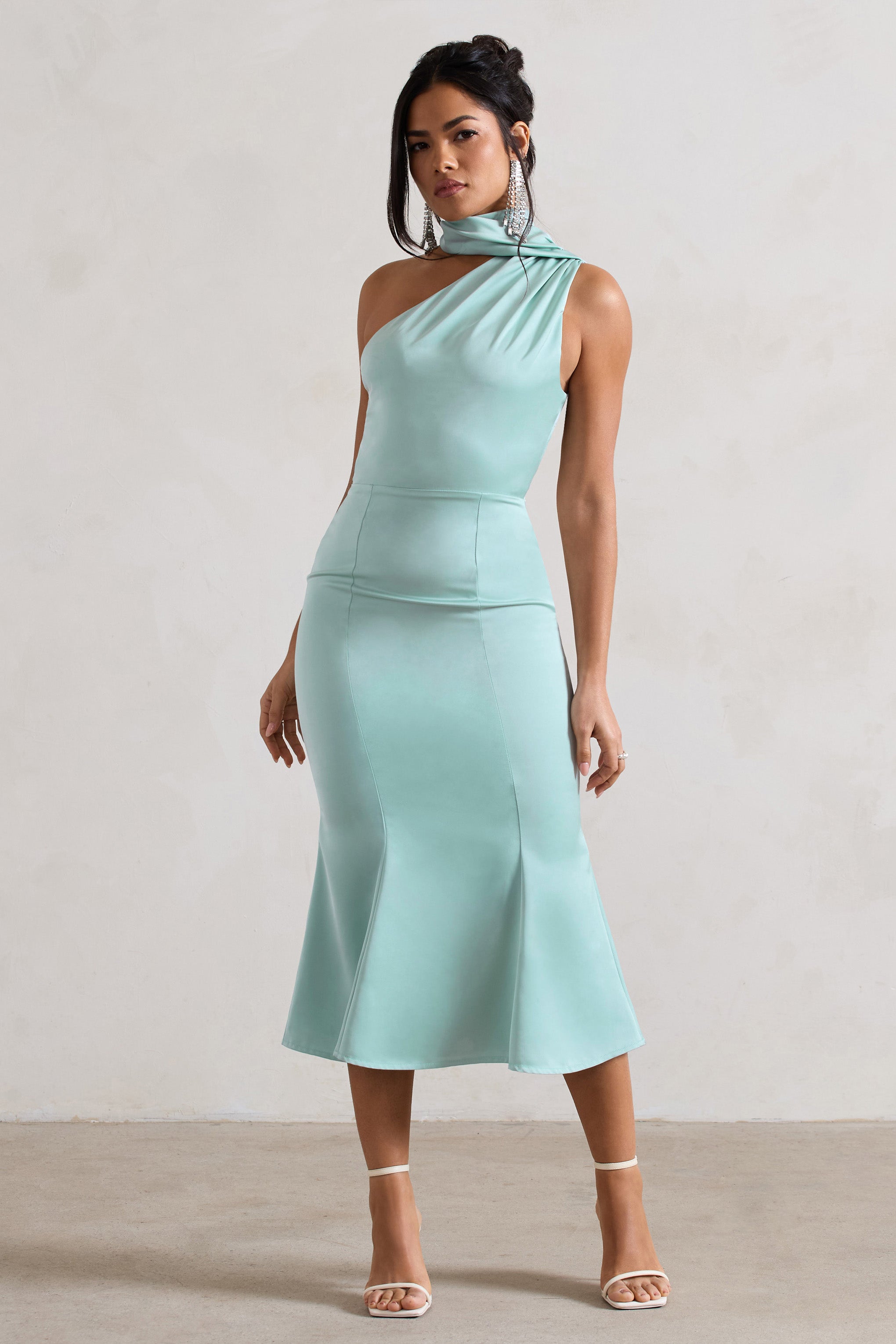 Golden Girl Mint Satin One Shoulder High-Neck Flared Midi Dress