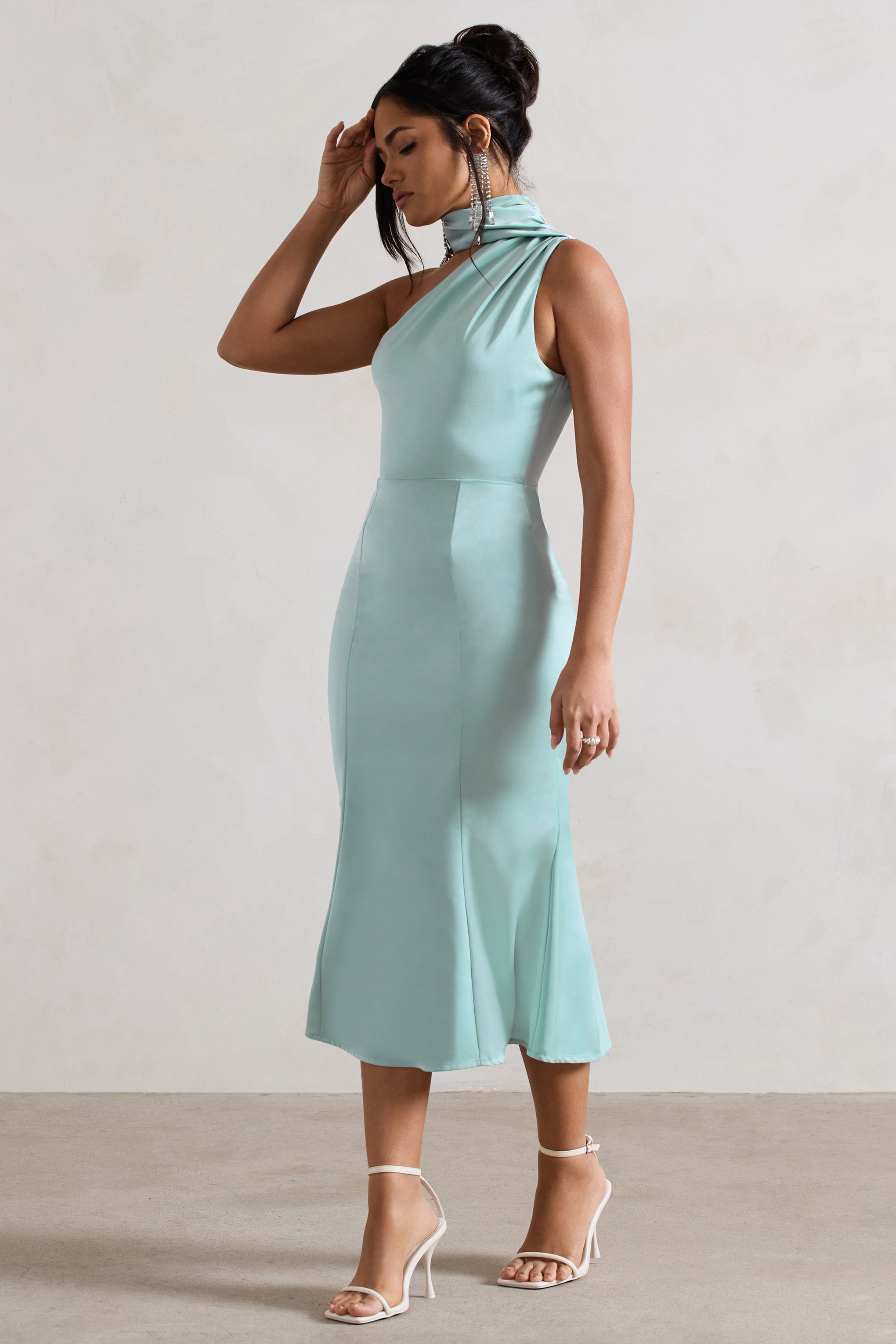 Golden Girl Mint Satin One Shoulder High-Neck Flared Midi Dress