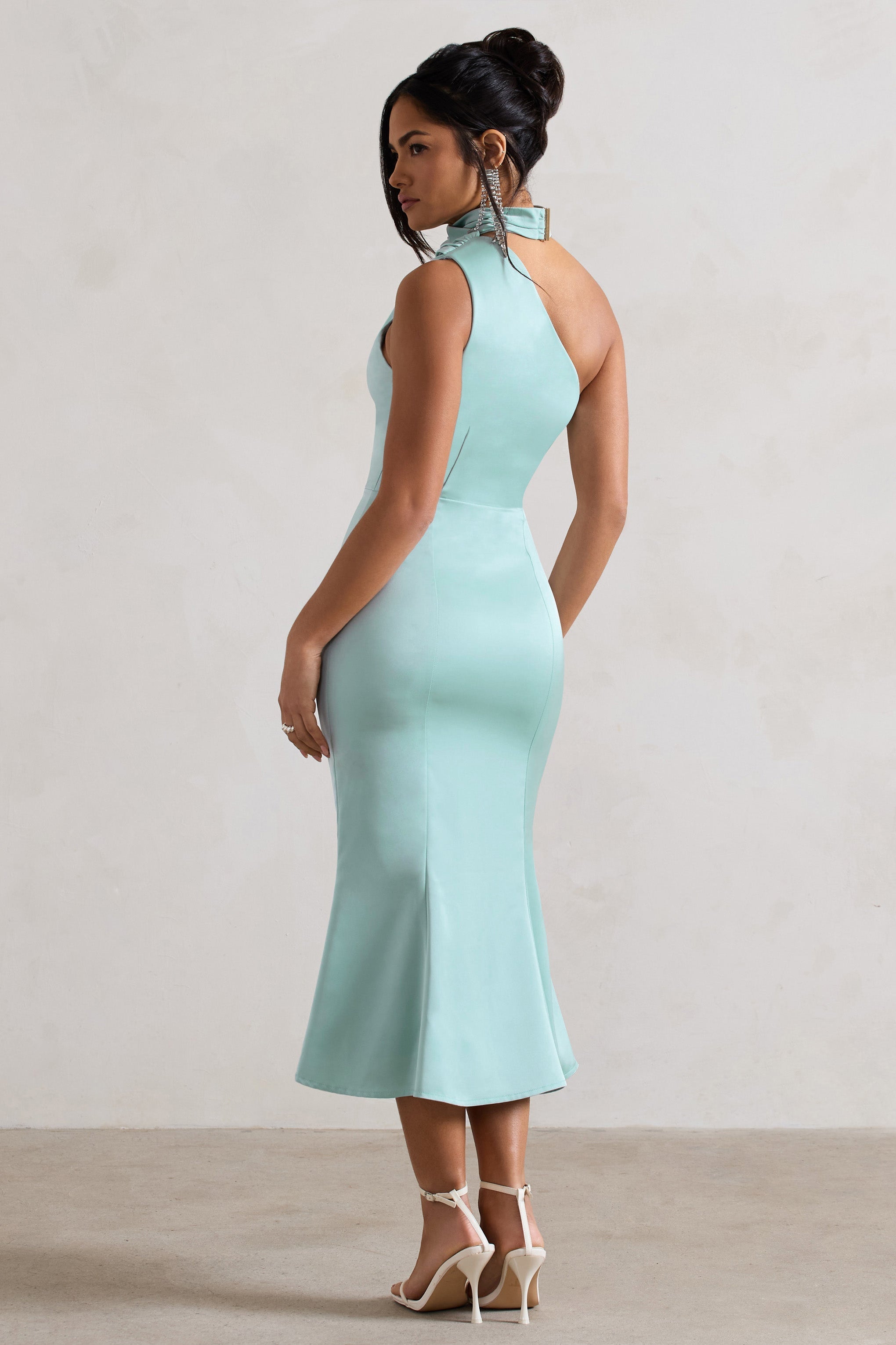 Golden Girl Mint Satin One Shoulder High-Neck Flared Midi Dress