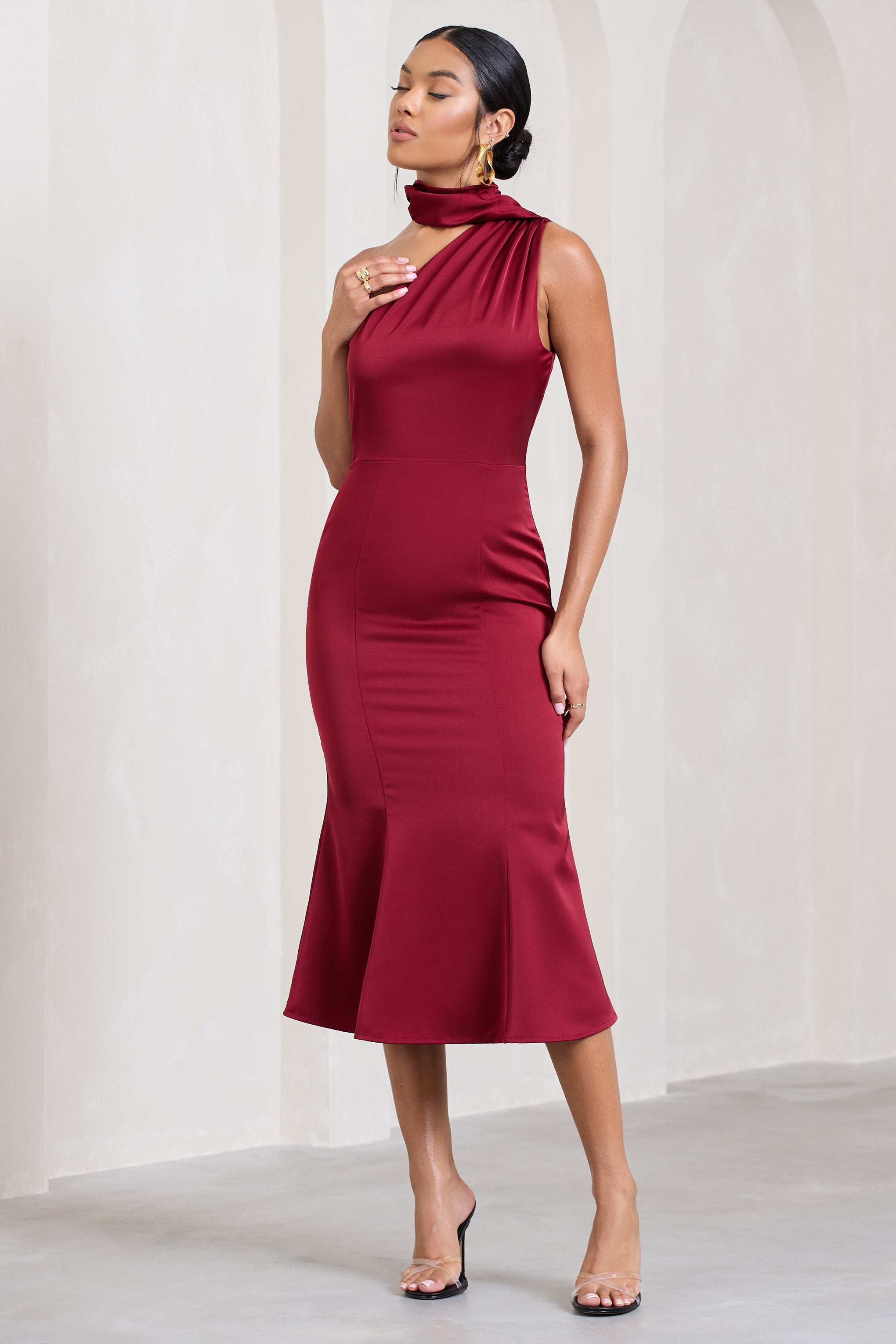 Golden Girl Burgundy Satin One Shoulder High-Neck Flared Midi Dress