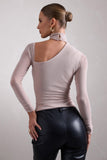 Nicole Champagne Ruched Mesh Asymmetric Top With Long Sheer Sleeves