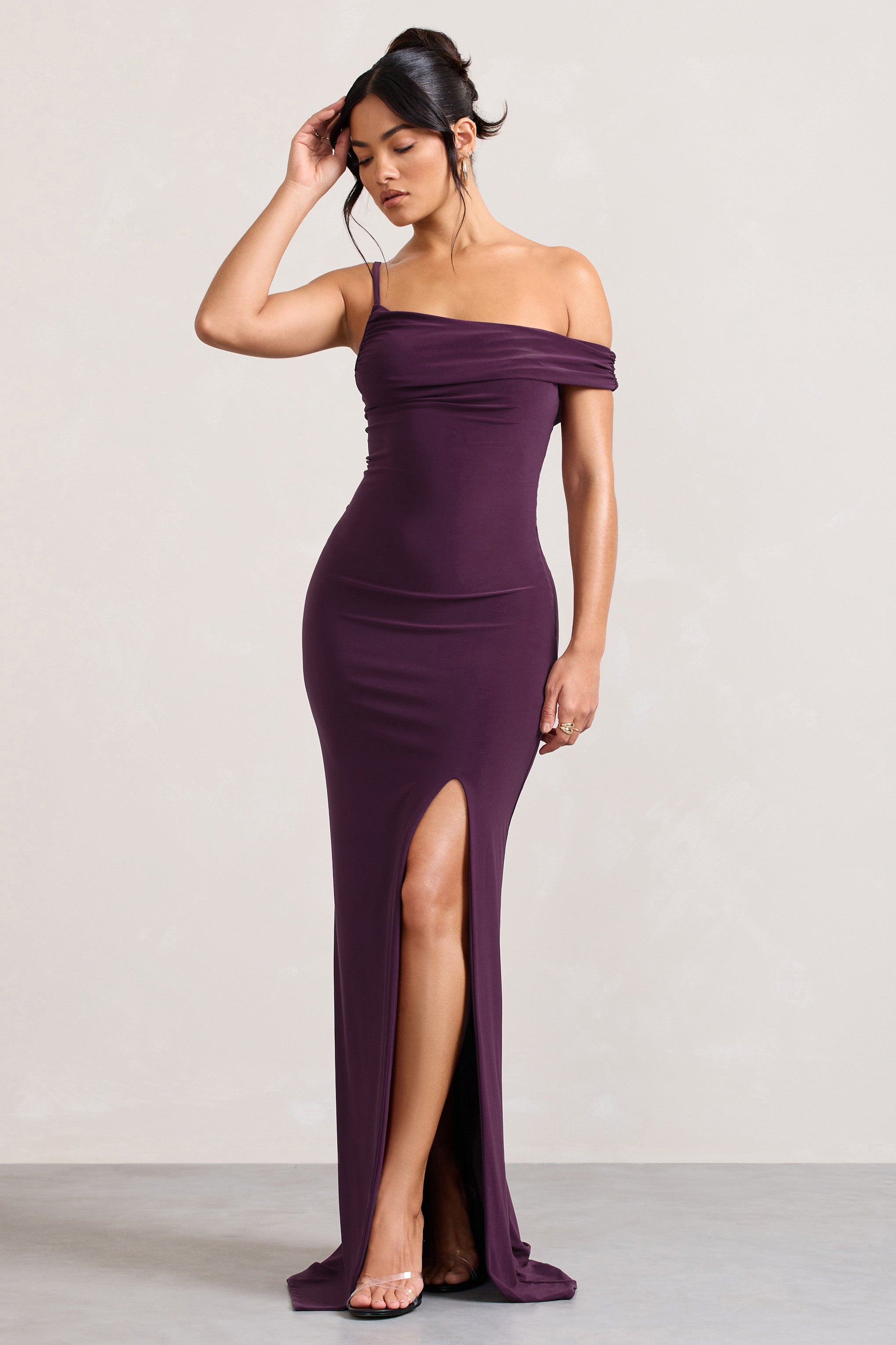 On Film Burgundy Asymmetric Strappy Split Maxi Dress