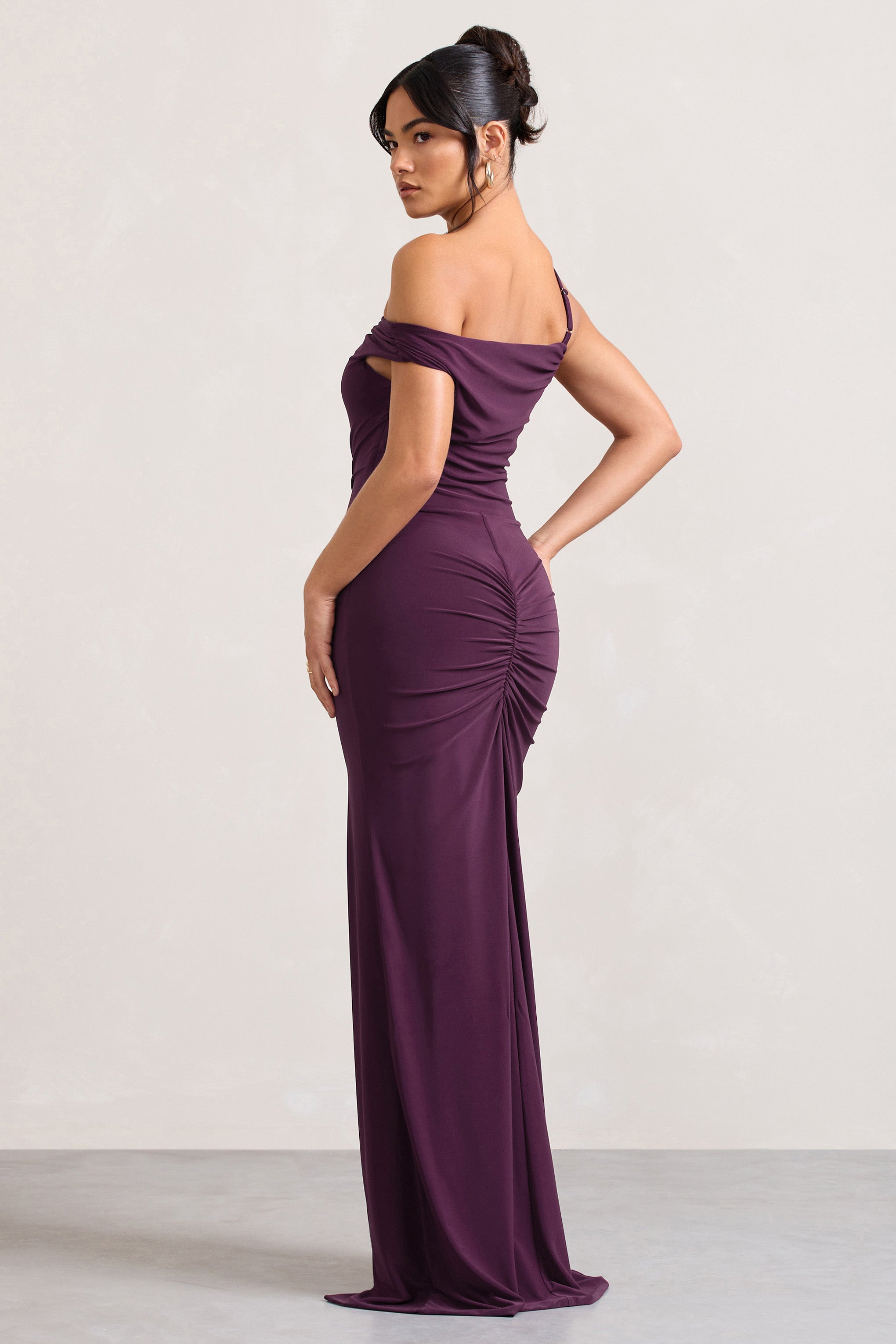 On Film Burgundy Asymmetric Strappy Split Maxi Dress