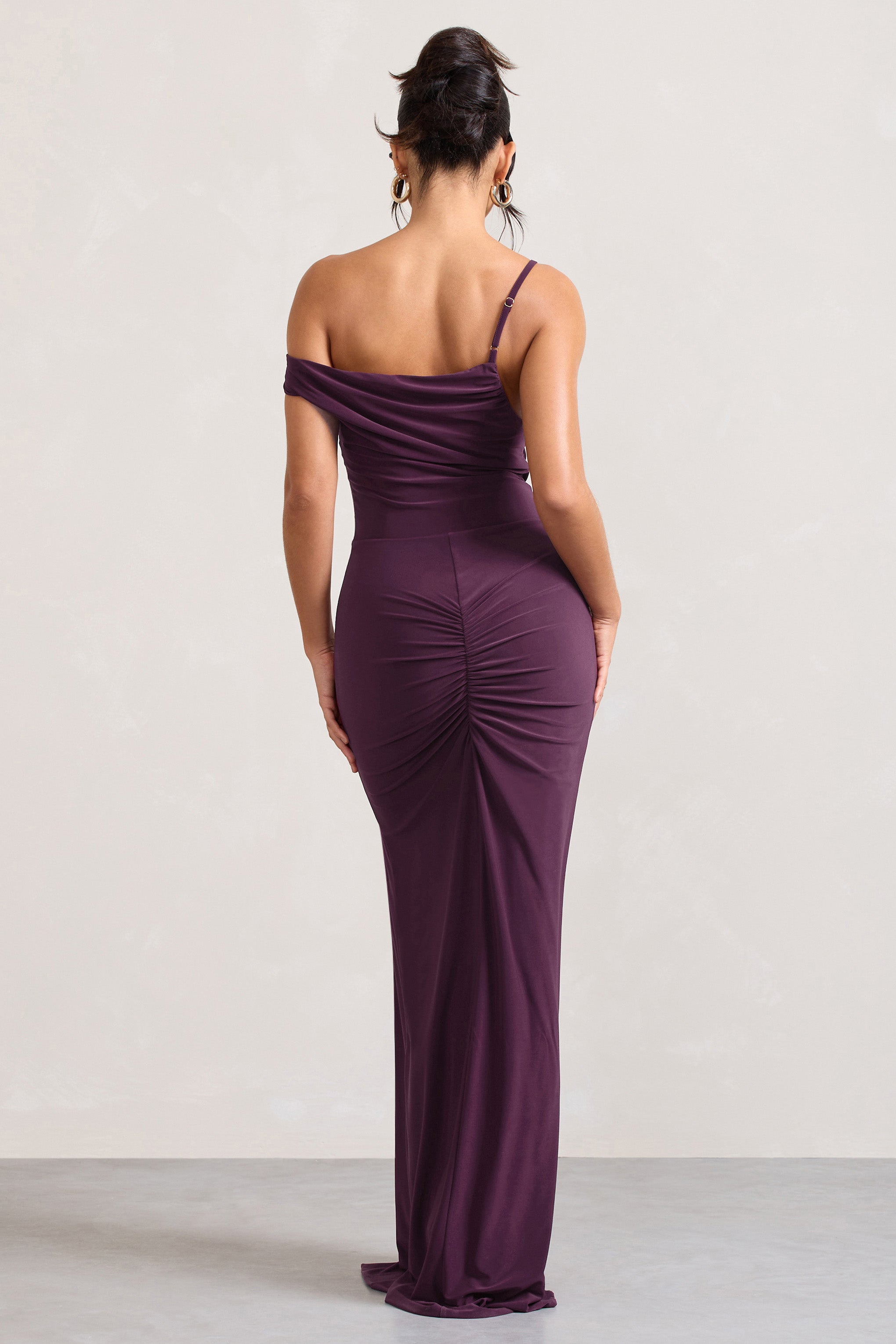 On Film Burgundy Asymmetric Strappy Split Maxi Dress