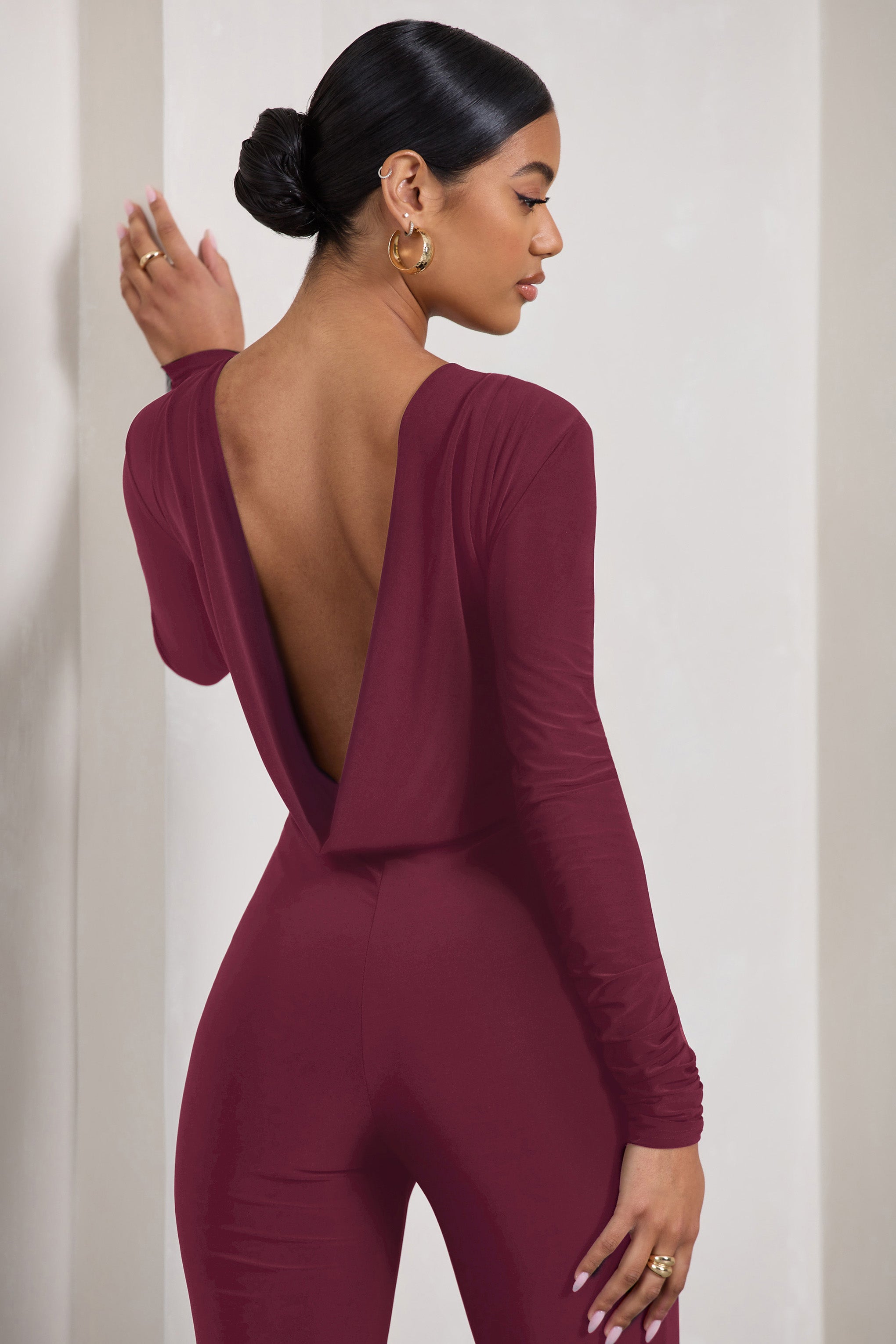 Lana Burgundy Long-Sleeved Flared-Leg Jumpsuit