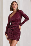 Rising Star Burgundy Sequin Long-Sleeved Twisted Mini Dress